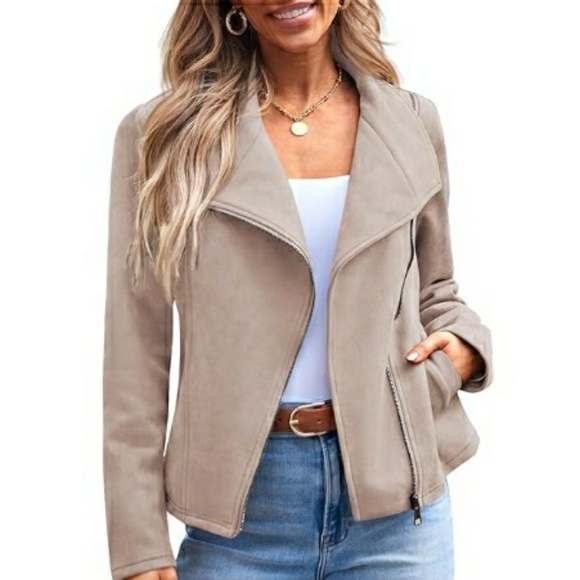 Women Faux Leather Cropped Open Front Coat Cardigan Style Jacket Tan - Picture 6 of 6